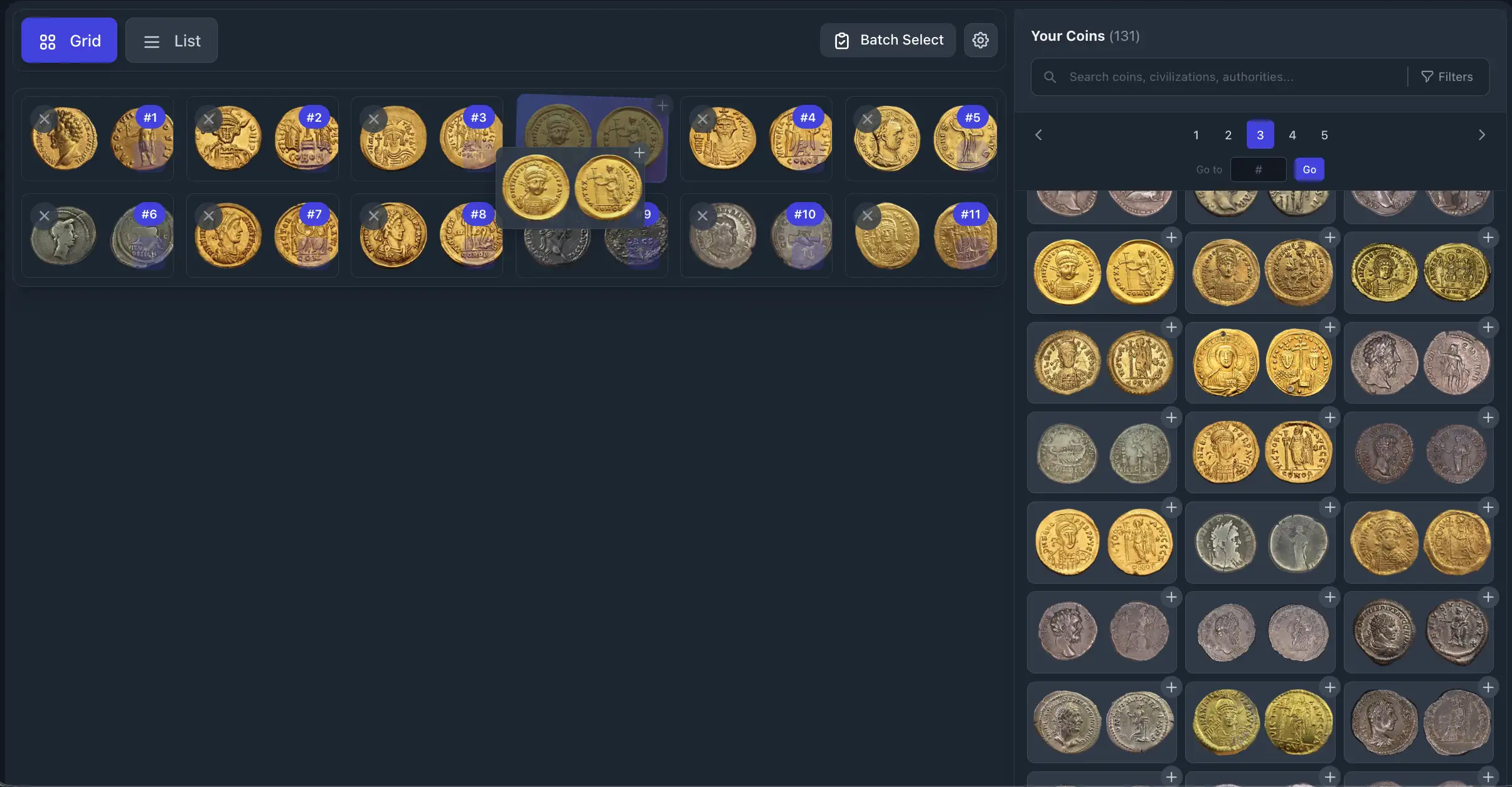 The NumisVault coin organizer with a coin being dragged into a numbered display order, alongside a searchable, filterable Your Coins panel of 131 coins with grid and list views and batch select