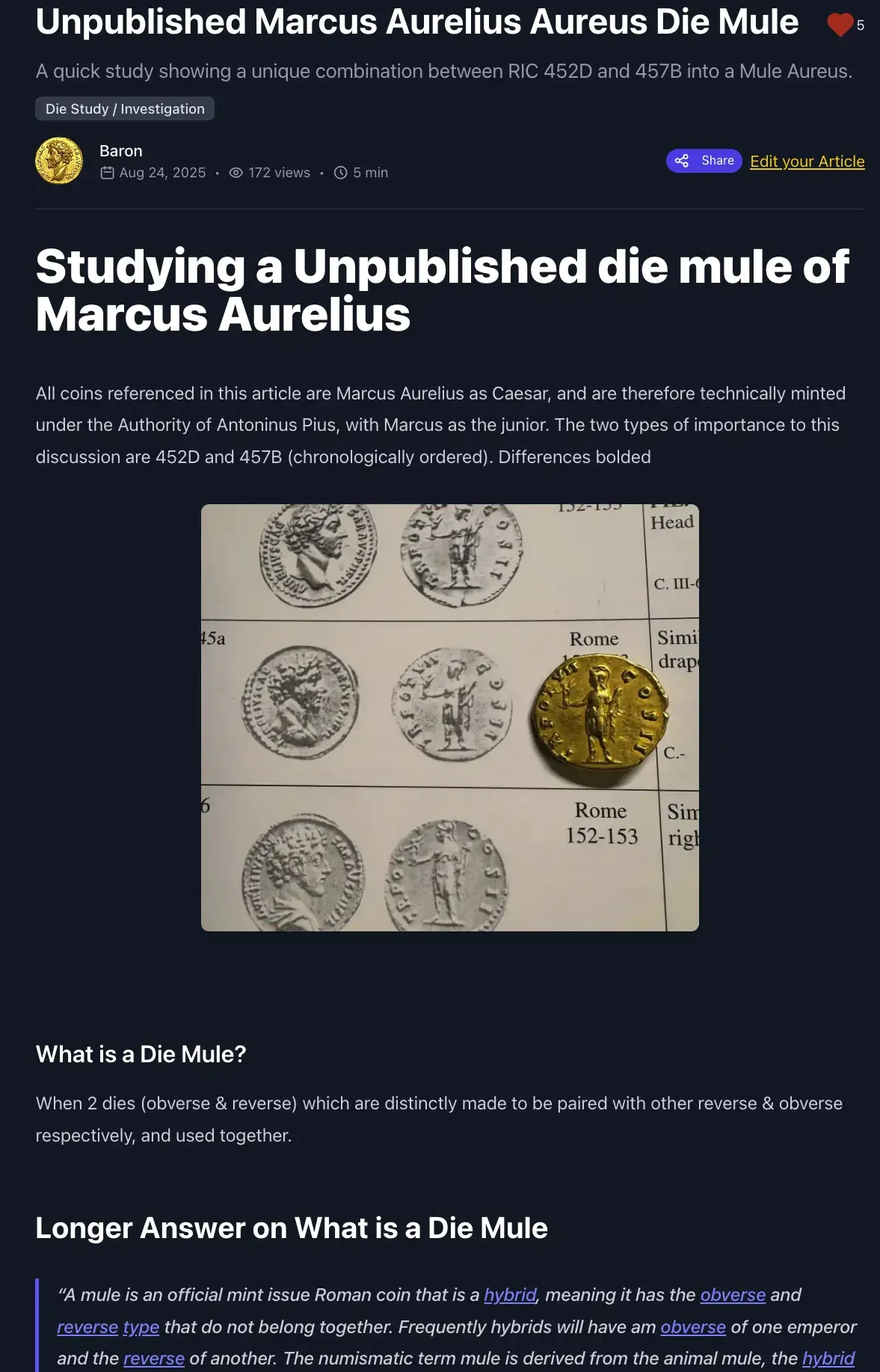 A published NumisVault article titled Unpublished Marcus Aurelius Aureus Die Mule, a die study with embedded coin images, author details, view count, and share button