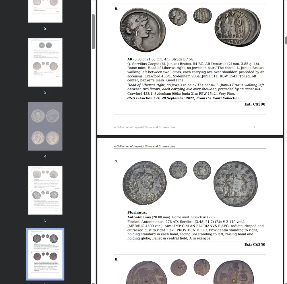 NumisVault catalog generation interface with PDF preview showing auction-style coin listings