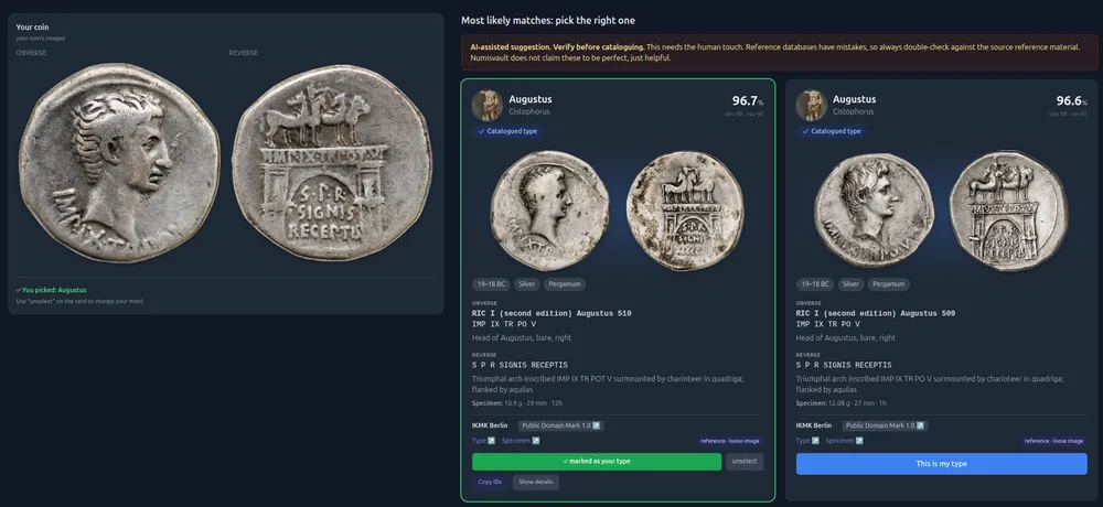 Delphi AI match results ranking the most likely coin types for an uploaded denarius, with full attribution details