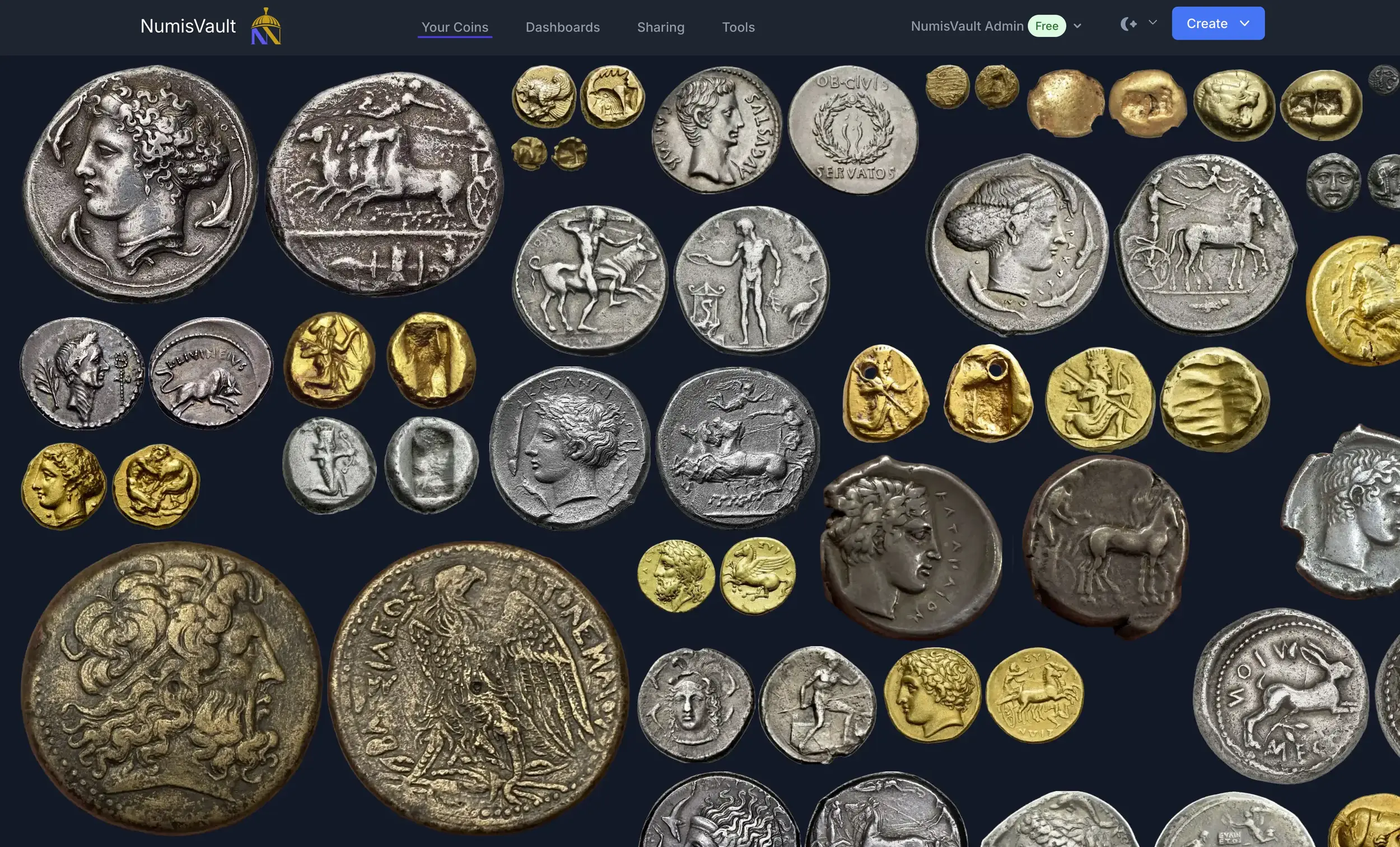 The NumisVault app showing a gallery of ancient Greek, Roman, and Persian coins in silver and gold