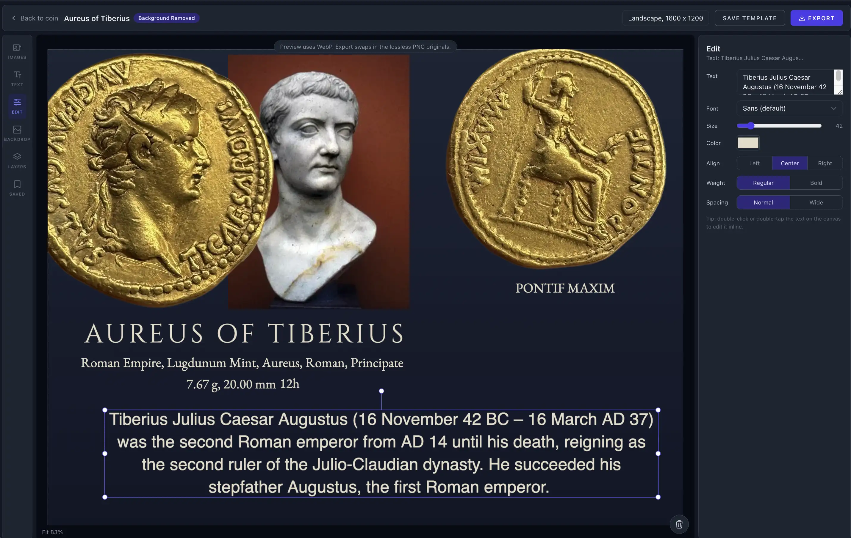 The NumisVault Photo Studio composing an Aureus of Tiberius with obverse, reverse, a marble bust, and attribution text on a dark backdrop