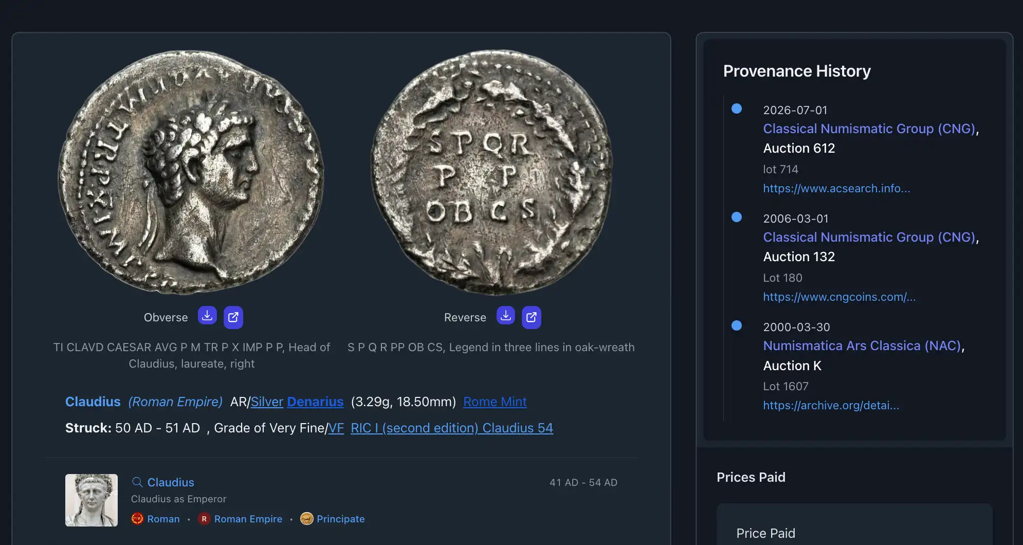 A NumisVault coin page for a Claudius denarius with its provenance history timeline listing dated auction appearances at Classical Numismatic Group and Numismatica Ars Classica, each with lot numbers and sale links