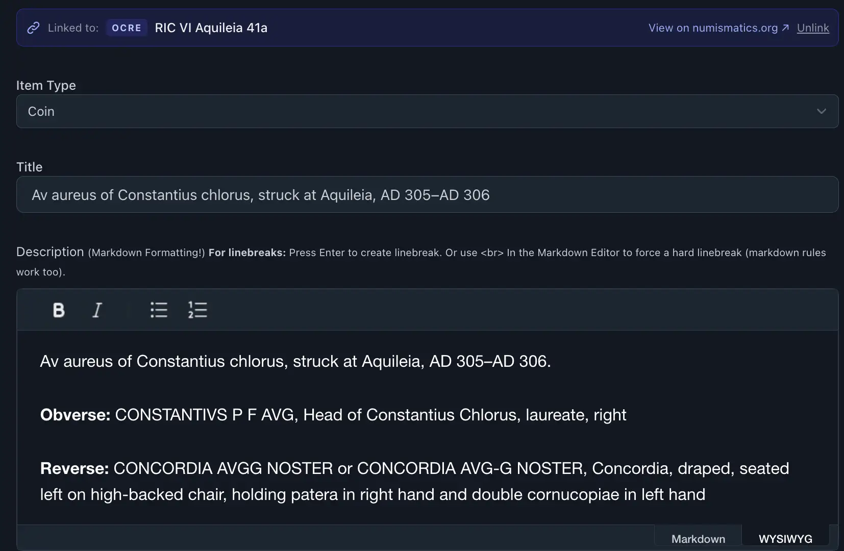 Reference selected with coin description, dates, mint, and material auto-filled into the form