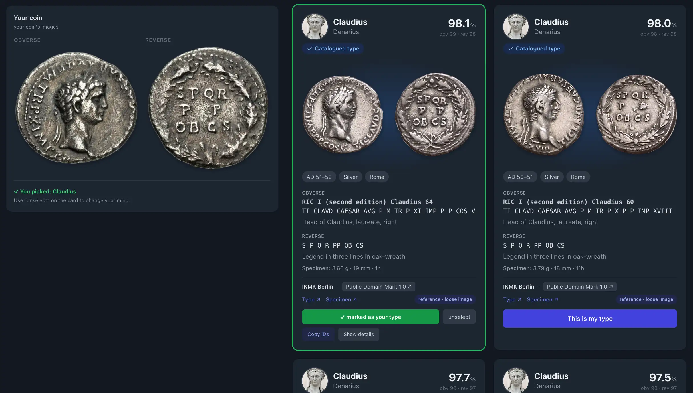 Delphi AI matching an uploaded Claudius denarius against catalogued reference types with similarity scores and specimen images