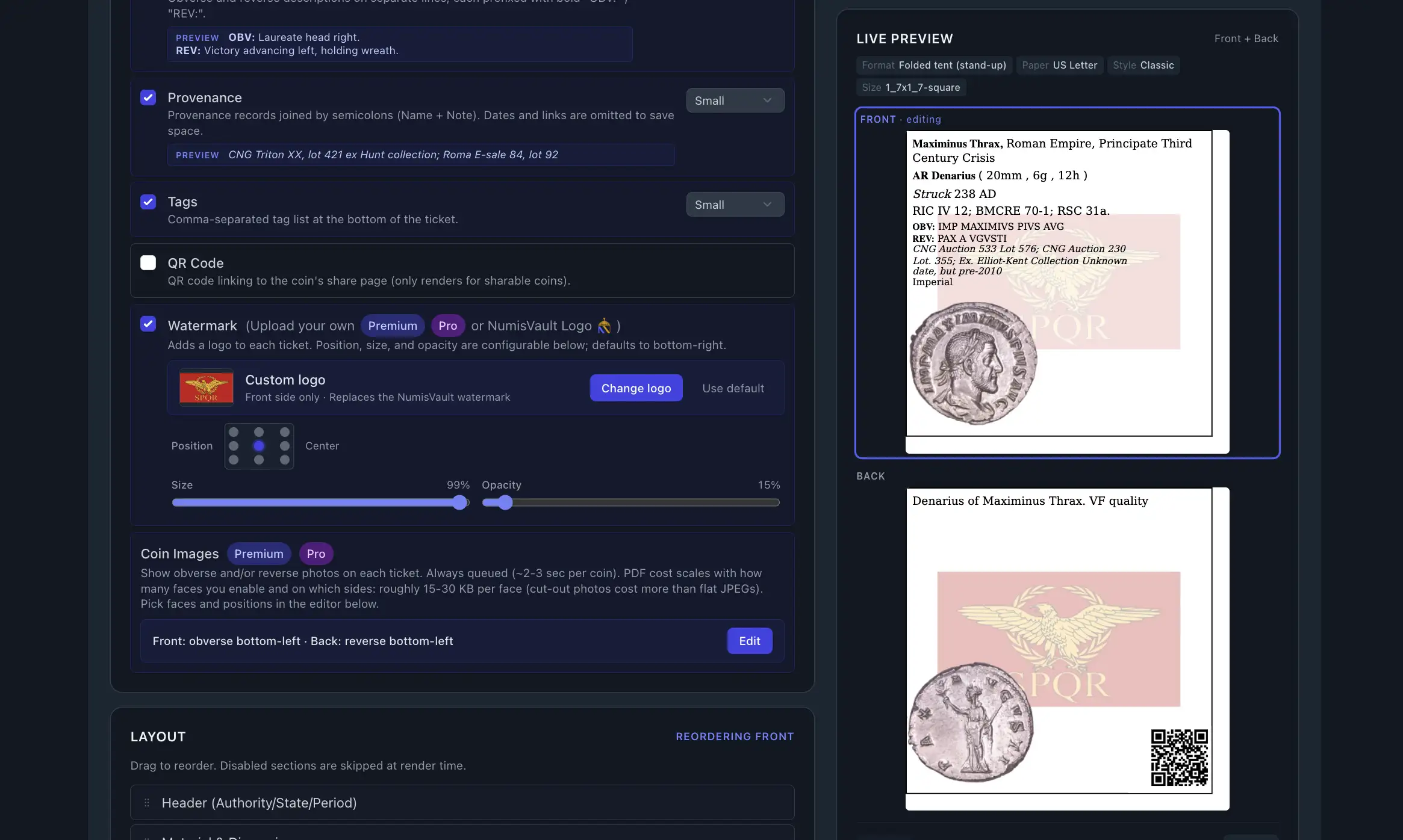 The NumisVault ticket designer showing 2x2 coin tickets with images, descriptions, and reference fields ready for print