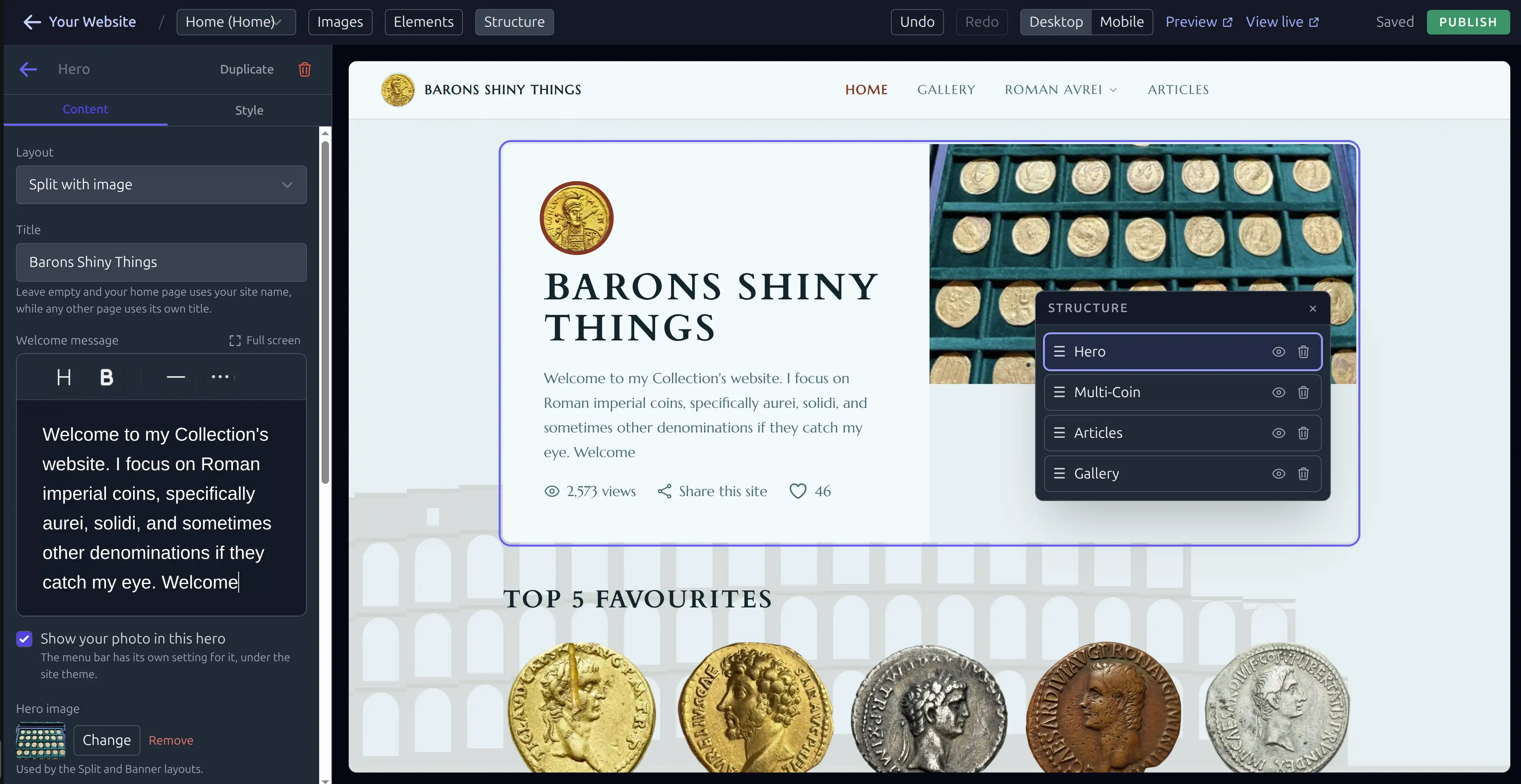 The NumisVault website builder: a page of coin sections being edited, with the element settings panel on the left and a structure list for reordering the page