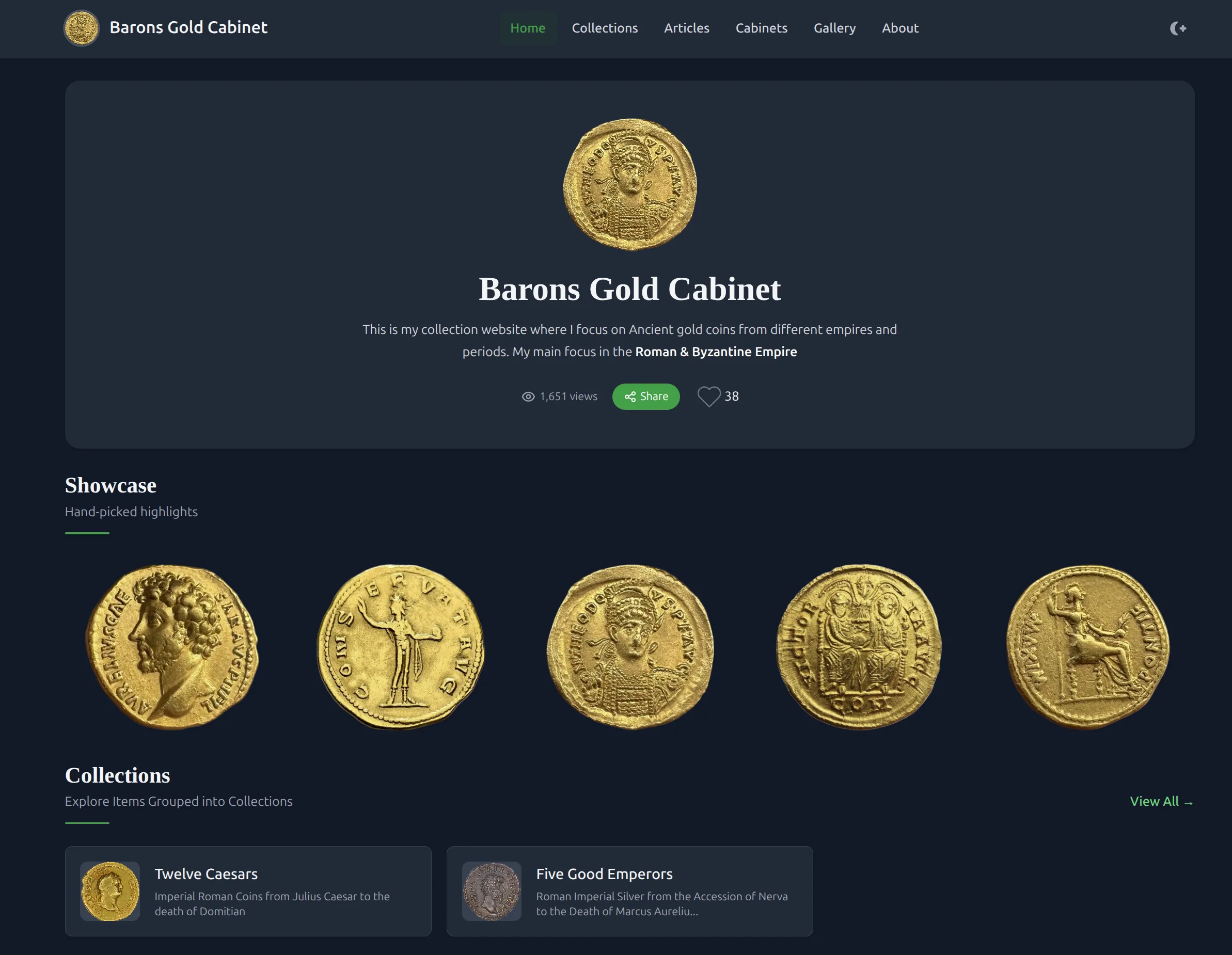A collector's public Numisvault website with featured coins and articles